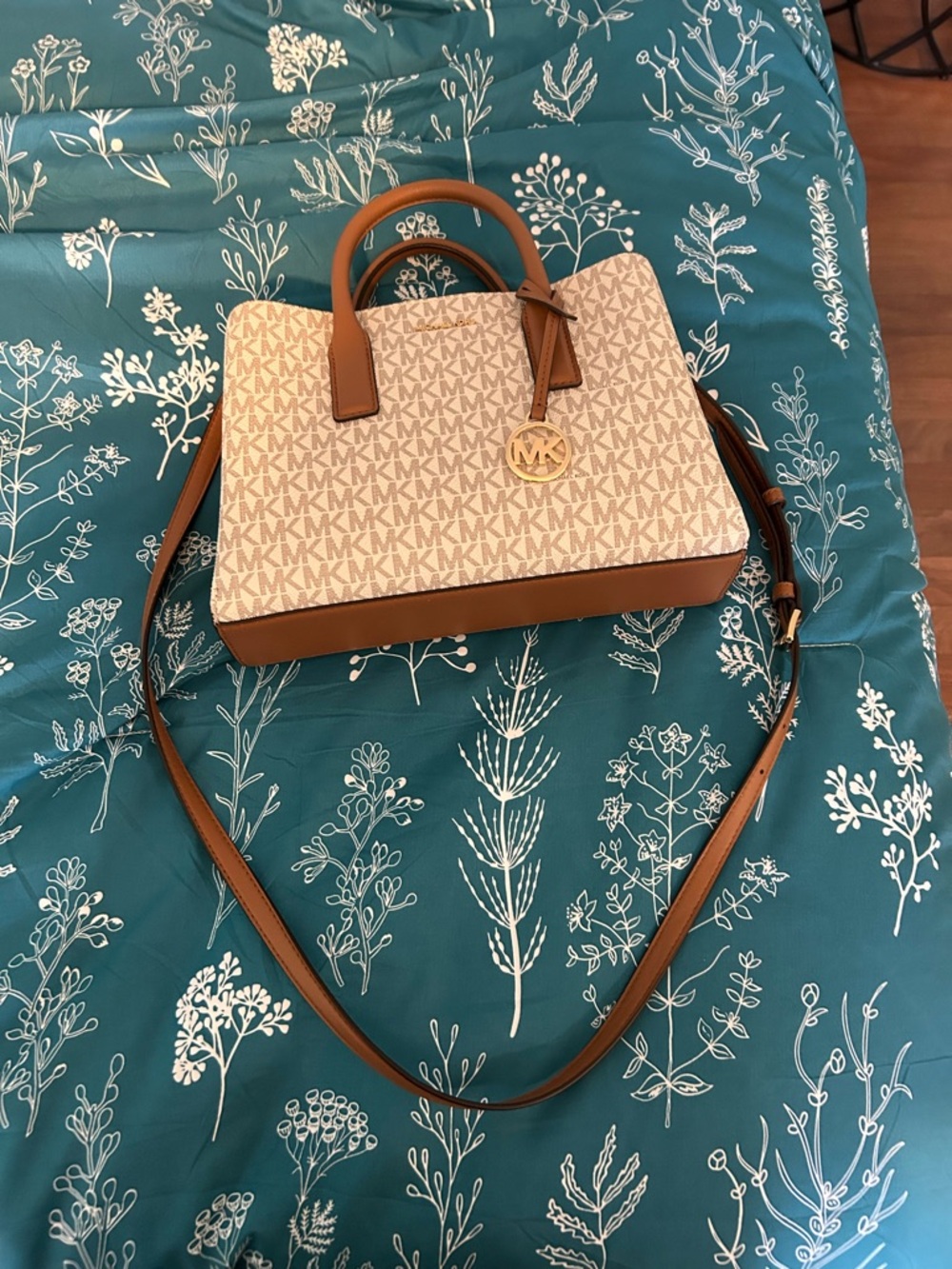 Michael Kors Beige Signature Logo Satchel with Brown Trim